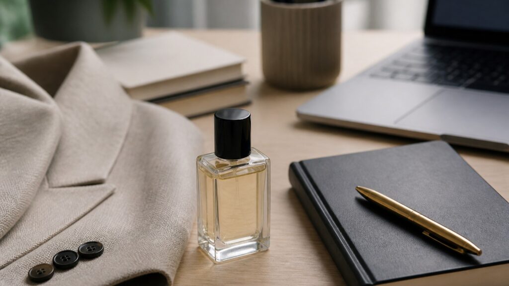 Unbranded editorial arrangement illustrating Perfume Buying Guide for Office Settings