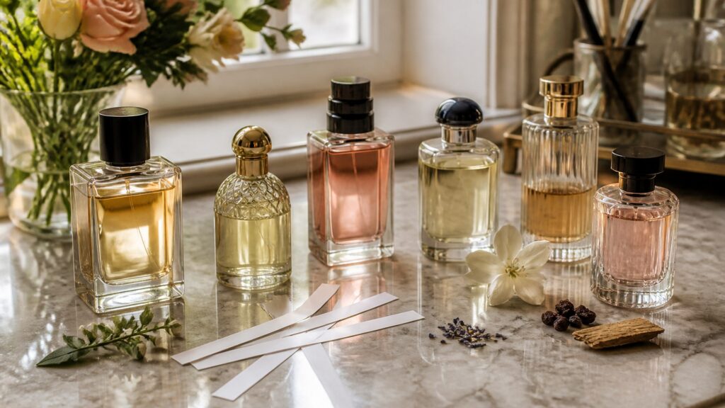 Unbranded editorial arrangement illustrating Perfume Buying Guide: How to Choose the Right One