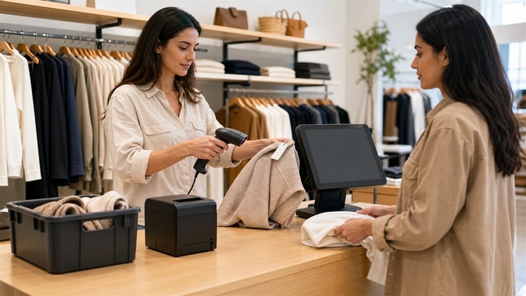 store operations team evaluating unbranded point-of-sale terminal during a realistic checkout for a retail stores buying decision