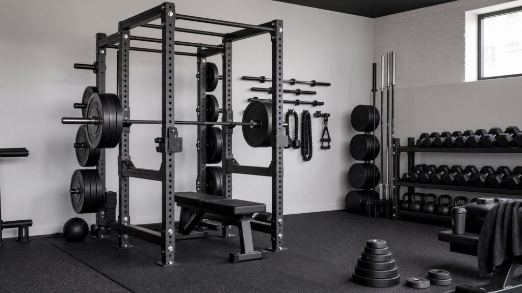 power racks and squat racks for progressive overload arranged in a practical buyer guide scene