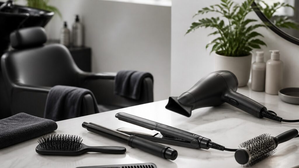 Unbranded editorial arrangement illustrating Professional Hair Tools Buying Guide for Client Comfort