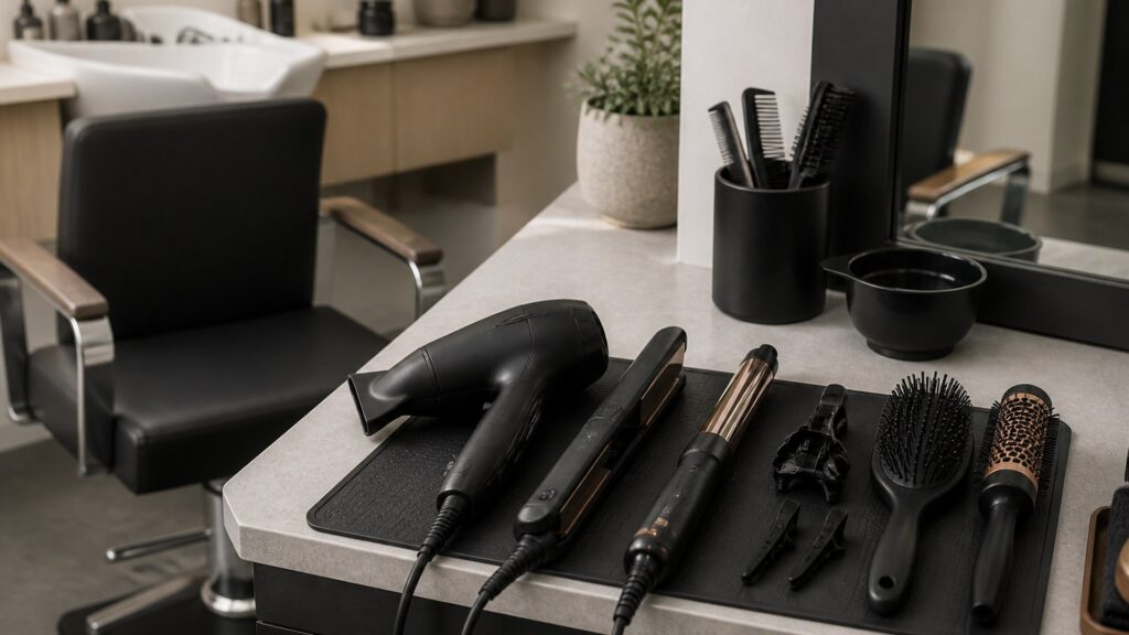 Unbranded editorial arrangement illustrating Professional Hair Tools Buying Guide for Salon Workstations