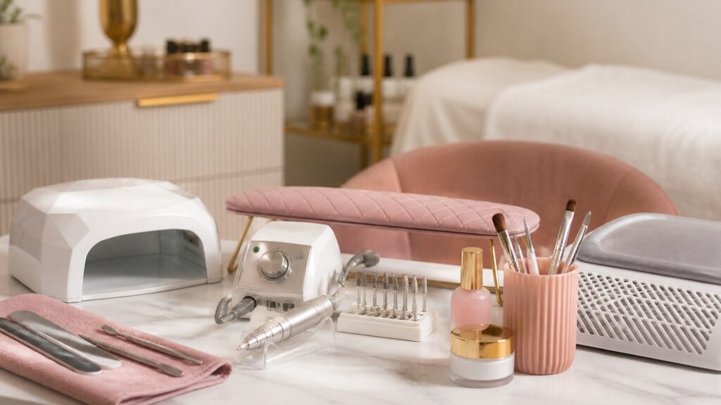 Unbranded editorial arrangement illustrating Professional Nail Equipment Buying Guide for Mobile Services