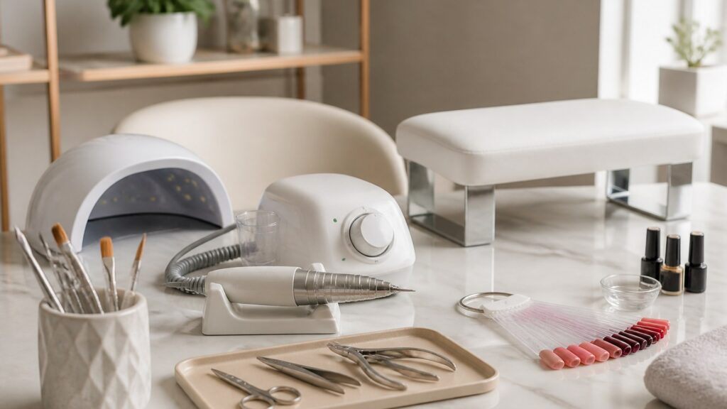 Unbranded editorial arrangement illustrating Professional Nail Equipment Buying Guide for Professional Services