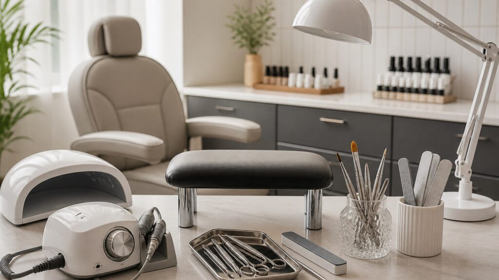 Unbranded editorial arrangement illustrating Professional Nail Equipment Buying Guide for Salon Workstations