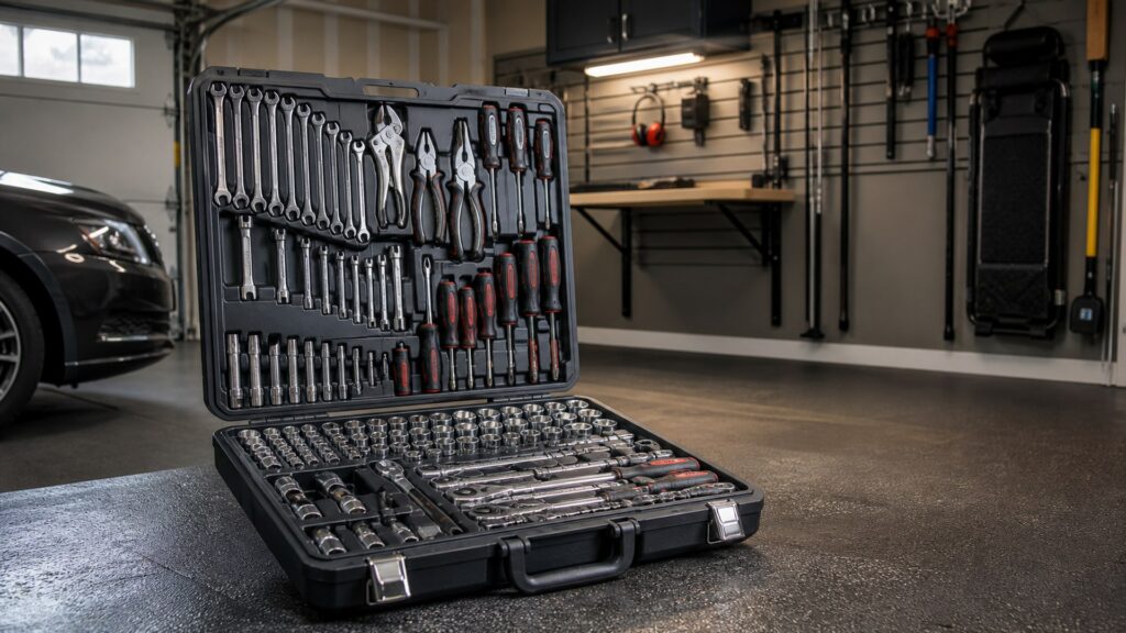 professional tool kits shopping setup for space-saving garage setups with practical vehicle-focused details