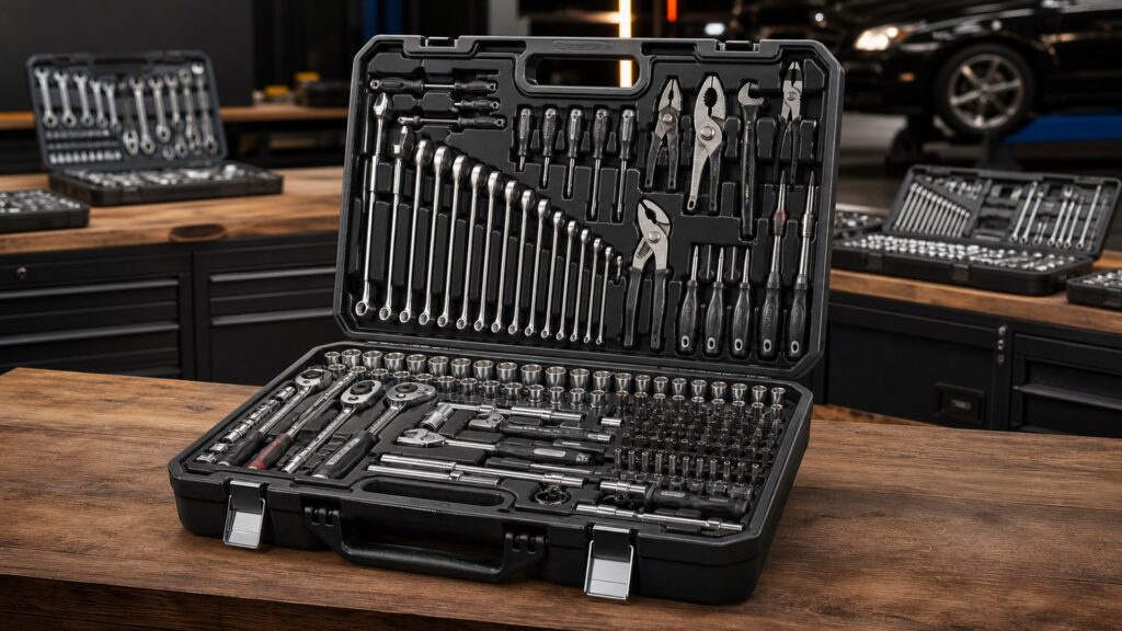 professional tool kits shopping setup for overall selection with practical vehicle-focused details