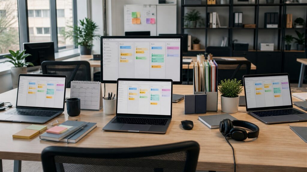 unbranded project delivery workspace with blank timeline monitor, planning board, notebooks, risk cards, headset, and organized project folders for a growing teams buying decision