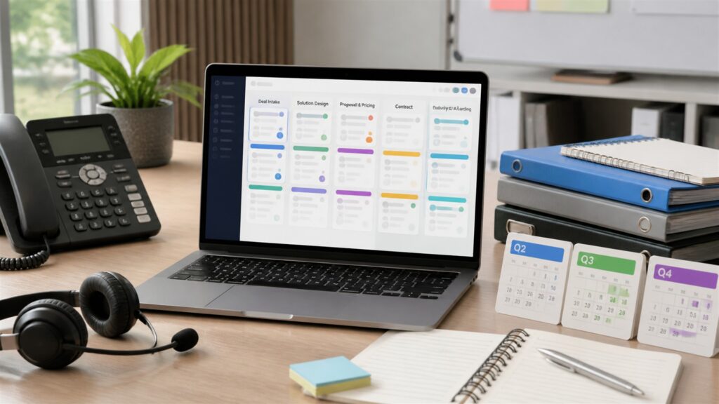 unbranded project delivery workspace with blank timeline monitor, planning board, notebooks, risk cards, headset, and organized project folders for a sales teams buying decision