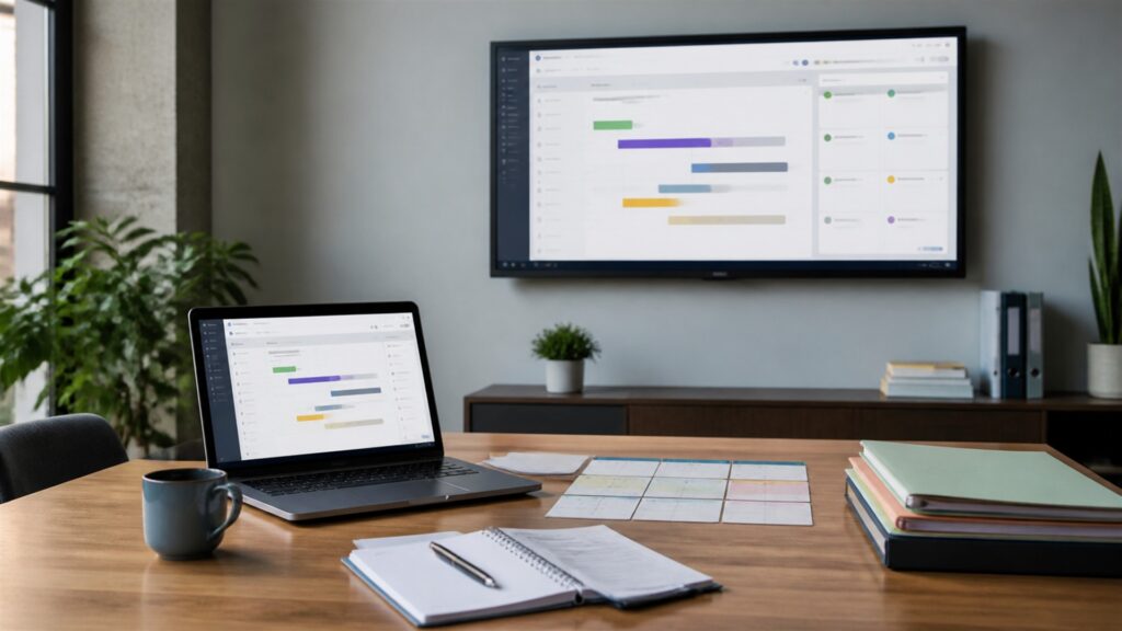 unbranded project delivery workspace with blank timeline monitor, planning board, notebooks, risk cards, headset, and organized project folders for a general selection buying decision