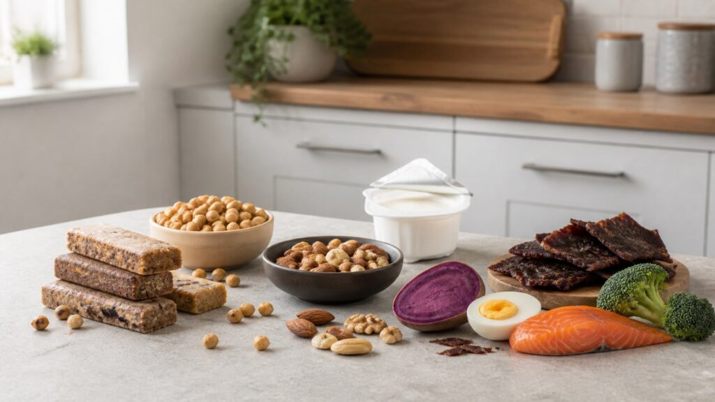 Unbranded protein snacks products arranged for a careful buying comparison