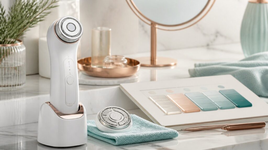 Unbranded editorial arrangement for radio frequency devices for weekly skincare