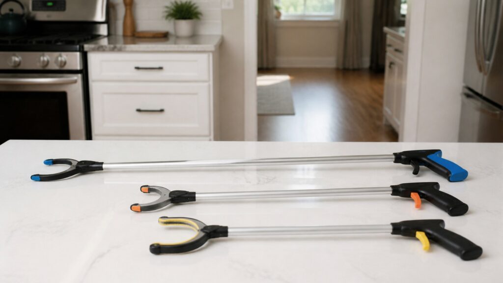 Unbranded reacher grabber tools arranged to compare shaft length and trigger force
