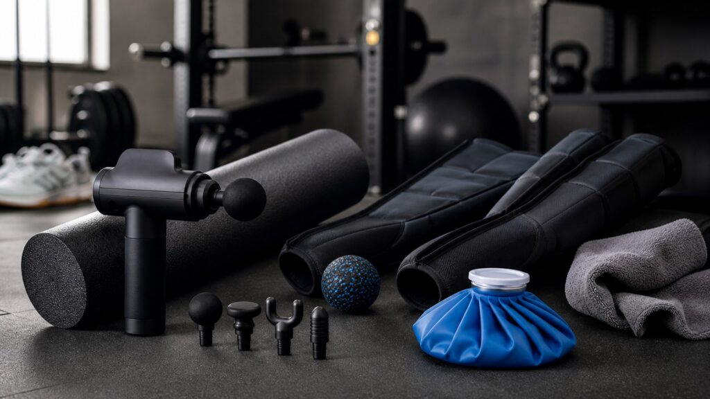 recovery and muscle therapy products for athletes arranged in a practical buyer guide scene