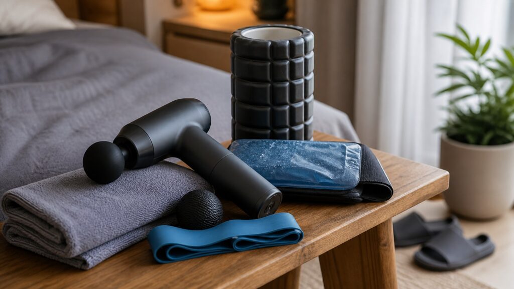recovery and muscle therapy products for daily recovery arranged in a practical buyer guide scene
