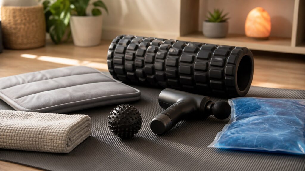 recovery and muscle therapy products for sore muscles arranged in a practical buyer guide scene