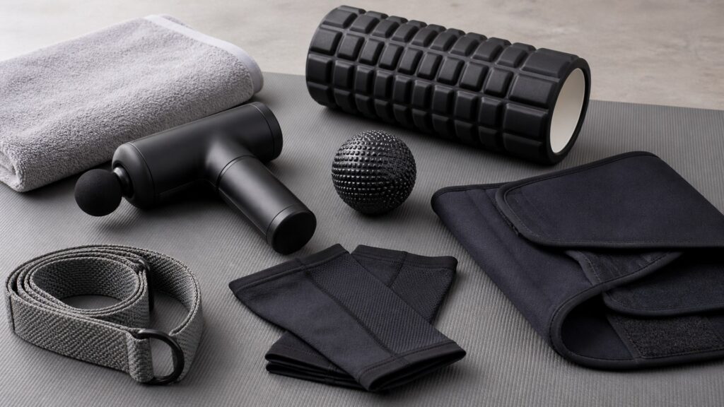 recovery and muscle therapy products for overall use arranged in a practical buyer guide scene
