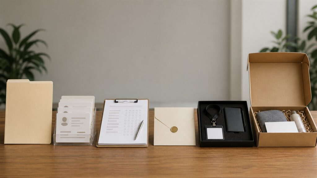 unbranded recruiting operations table with blank applicant pipeline board, interview schedule cards, candidate folders, headset, offer packet, and secure laptop for a hiring workflows buying decision