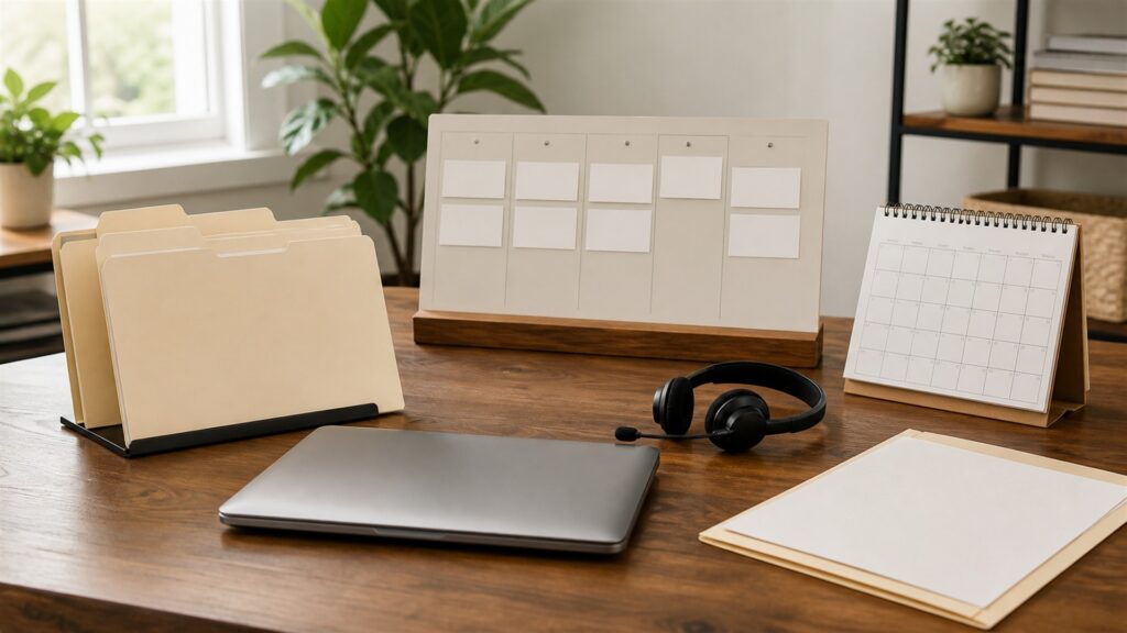 unbranded recruiting operations table with blank applicant pipeline board, interview schedule cards, candidate folders, headset, offer packet, and secure laptop for a small teams buying decision