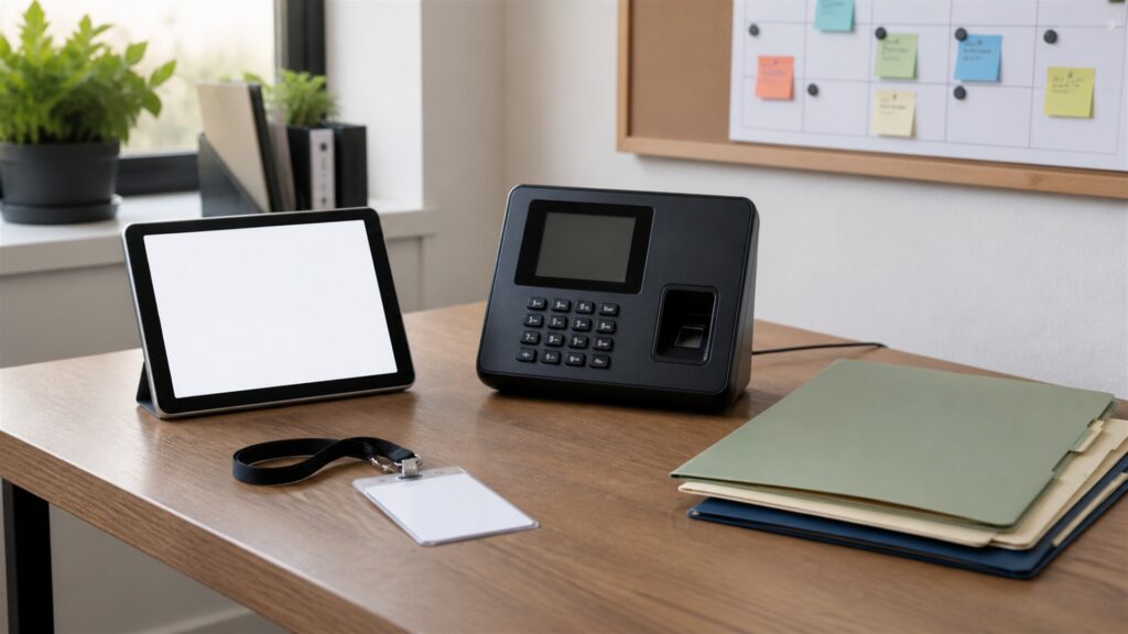 unbranded recruiting operations table with blank applicant pipeline board, interview schedule cards, candidate folders, headset, offer packet, and secure laptop for a timekeeping buying decision