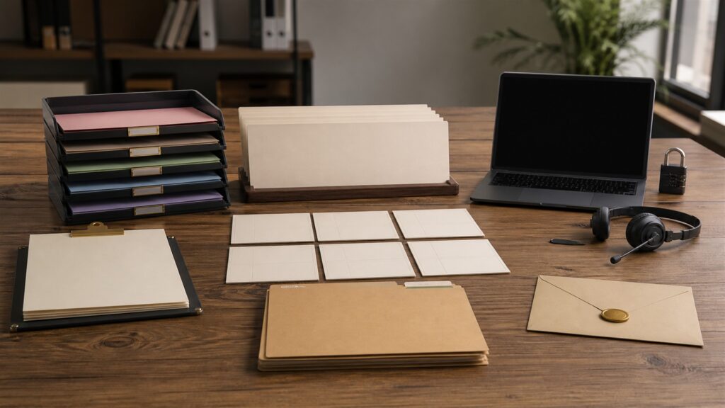 unbranded recruiting operations table with blank applicant pipeline board, interview schedule cards, candidate folders, headset, offer packet, and secure laptop for a general selection buying decision