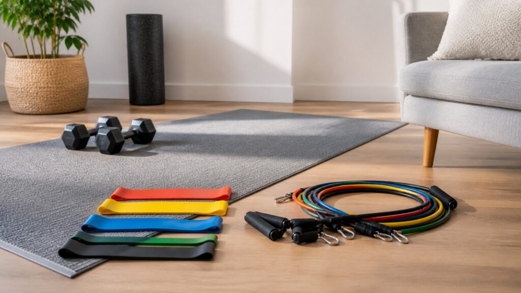 resistance bands for home strength training arranged in a practical buyer guide scene
