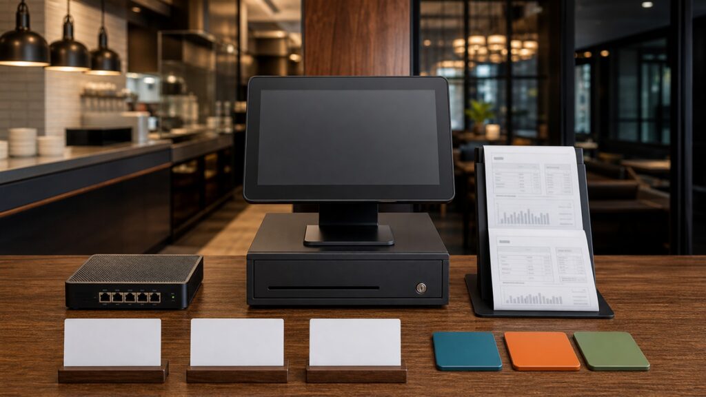 unbranded restaurant service station with one order terminal, kitchen ticket printer, payment device, menu modifier cards, and receipt rail for a multi-location operations buying decision