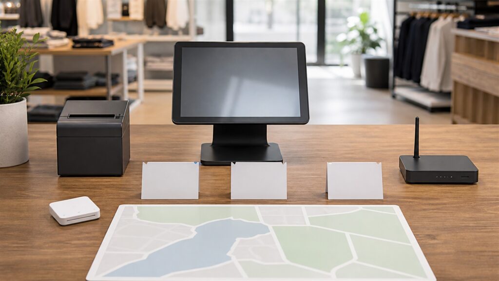 unbranded restaurant service station with one order terminal, kitchen ticket printer, payment device, menu modifier cards, and receipt rail for a retail stores buying decision