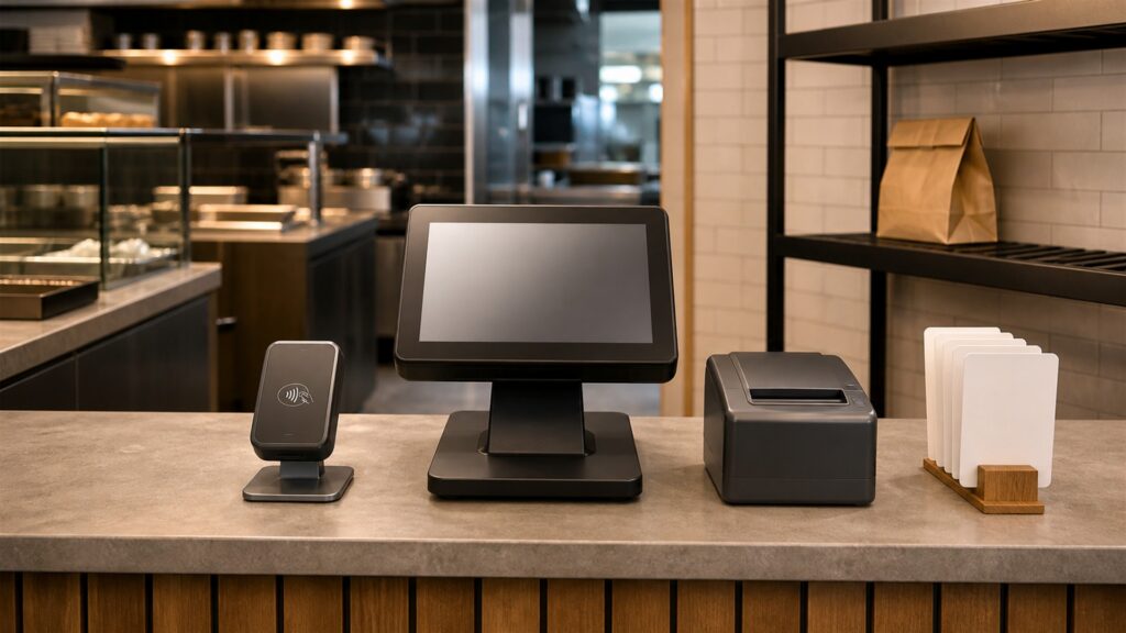 unbranded restaurant service station with one order terminal, kitchen ticket printer, payment device, menu modifier cards, and receipt rail for a staff management buying decision