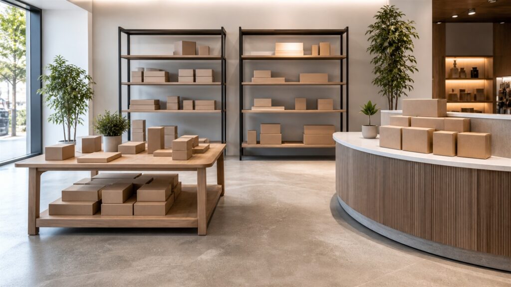 unbranded modular retail displays holding plain product boxes in a bright commercial space for a customer-facing spaces buying decision