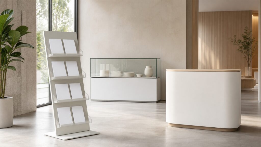 unbranded modular retail displays holding plain product boxes in a bright commercial space for a front offices buying decision