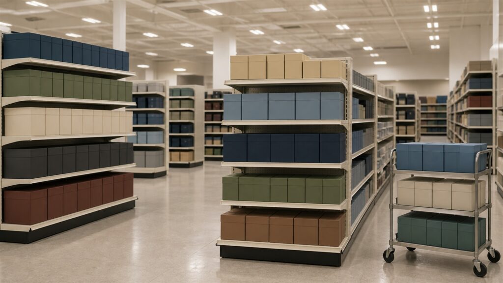 unbranded modular retail displays holding plain product boxes in a bright commercial space for a high-volume use buying decision