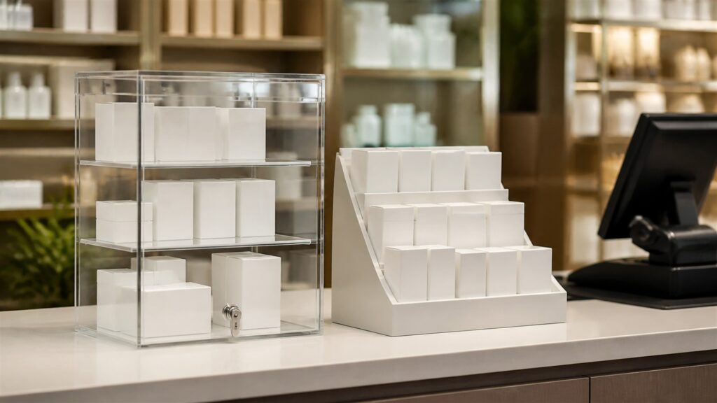 unbranded modular retail displays holding plain product boxes in a bright commercial space for a retail counters buying decision