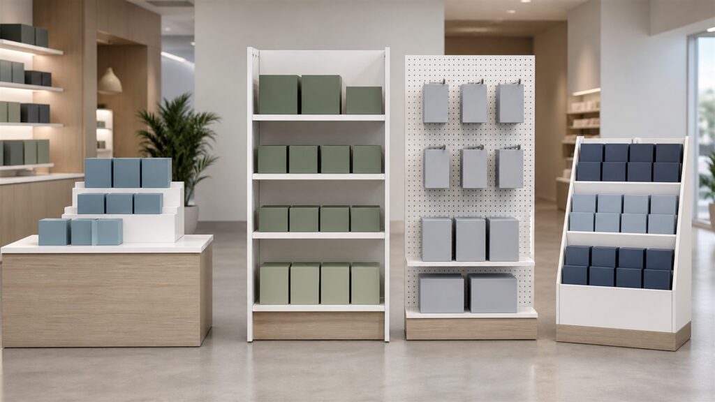 unbranded modular retail displays holding plain product boxes in a bright commercial space for a general selection buying decision