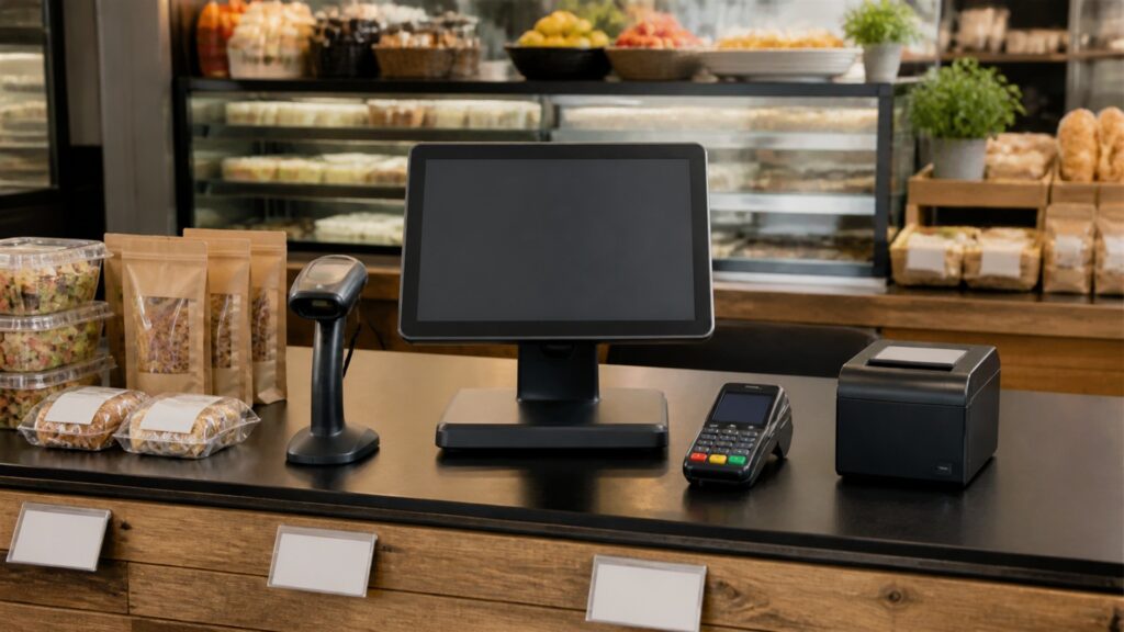 unbranded retail checkout counter with one POS terminal, barcode scanner, receipt printer, card reader, folded products, and inventory tags for a mobile sales buying decision