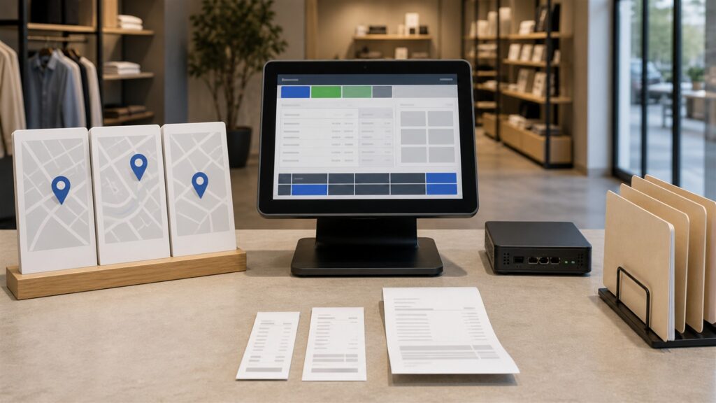 unbranded retail checkout counter with one POS terminal, barcode scanner, receipt printer, card reader, folded products, and inventory tags for a multi-location operations buying decision