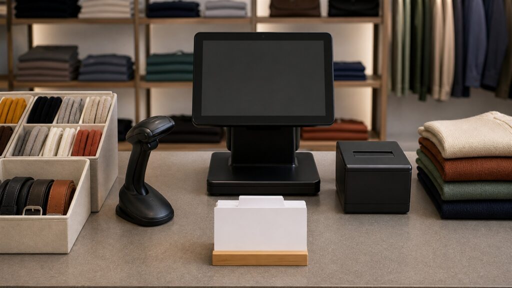 unbranded retail checkout counter with one POS terminal, barcode scanner, receipt printer, card reader, folded products, and inventory tags for a staff management buying decision