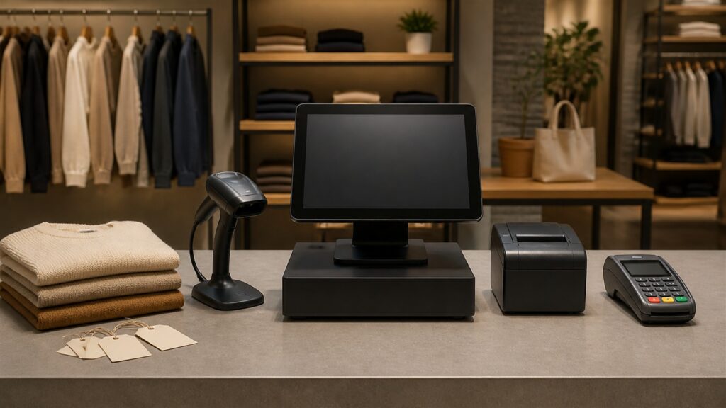 unbranded retail checkout counter with one POS terminal, barcode scanner, receipt printer, card reader, folded products, and inventory tags for a general selection buying decision