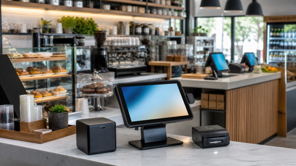 Ultra photorealistic POS hero image for Revel Systems Review for Cafe POS Systems