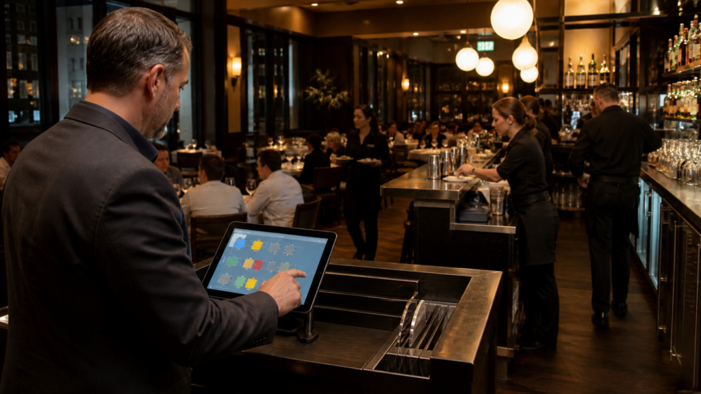 Ultra photorealistic restaurant POS hero image for Revel Systems Review for Full Service Restaurant POS