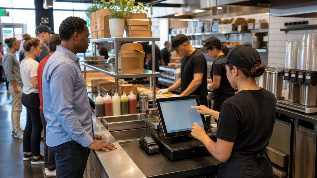 Ultra photorealistic restaurant POS hero image for Revel Systems Review for Quick Service Restaurant POS