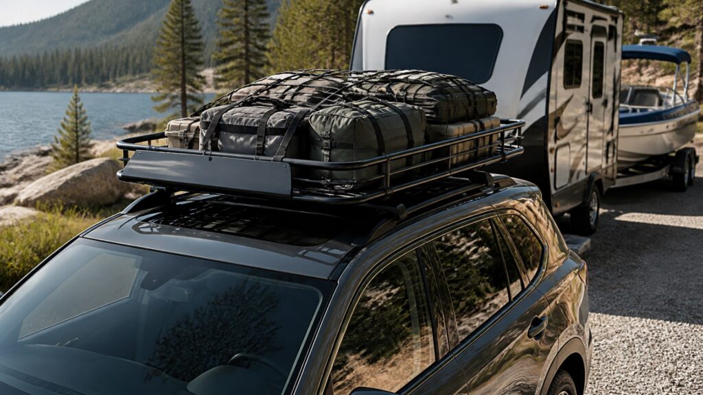roof cargo baskets shopping setup for rv and boat towing with practical vehicle-focused details