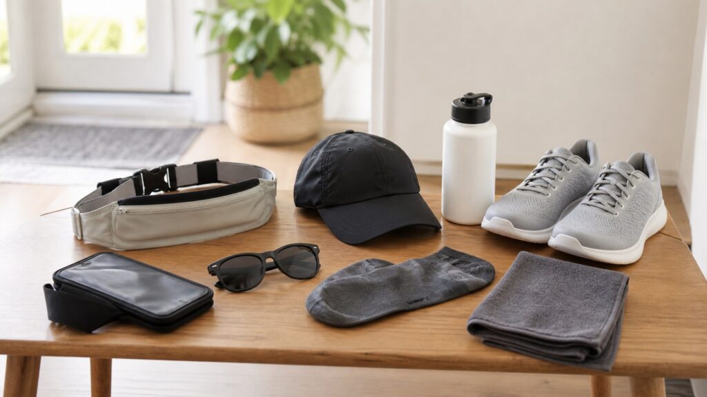 running accessories for beginner runners arranged in a practical buyer guide scene
