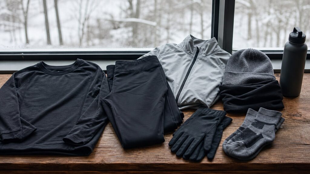 running apparel for cold weather arranged in a practical buyer guide scene