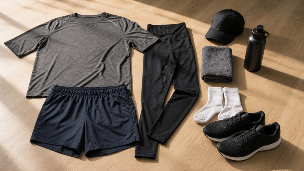 running apparel for training days arranged in a practical buyer guide scene