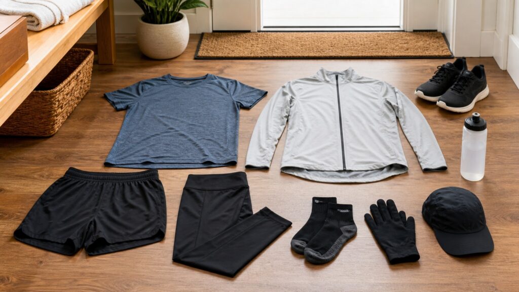 running apparel for overall use arranged in a practical buyer guide scene