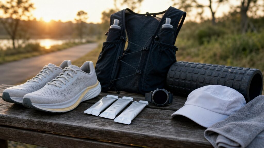 running gear for marathon training arranged in a practical buyer guide scene