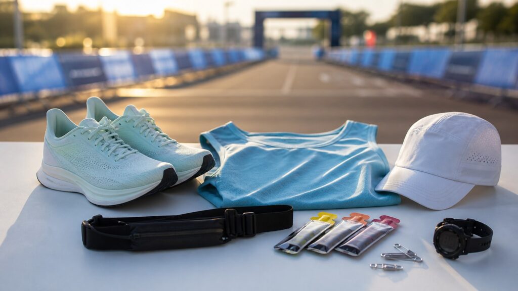 running gear for race day arranged in a practical buyer guide scene