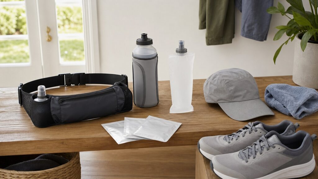 running hydration gear for beginner runners arranged in a practical buyer guide scene