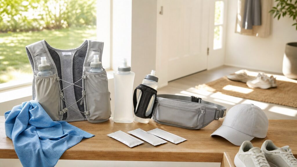 running hydration gear for running hot weather arranged in a practical buyer guide scene